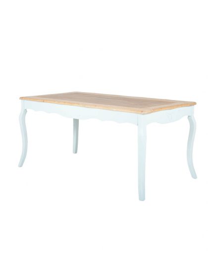 Mesa provenzal madera decapada y pata turquesa